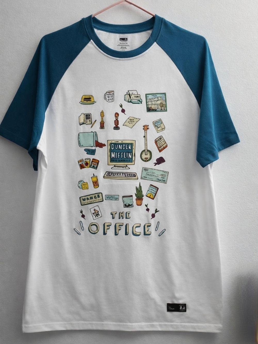 XL The Office Doodles Raglan Tee - White & Teal - Licensed Culturefly Shirt
